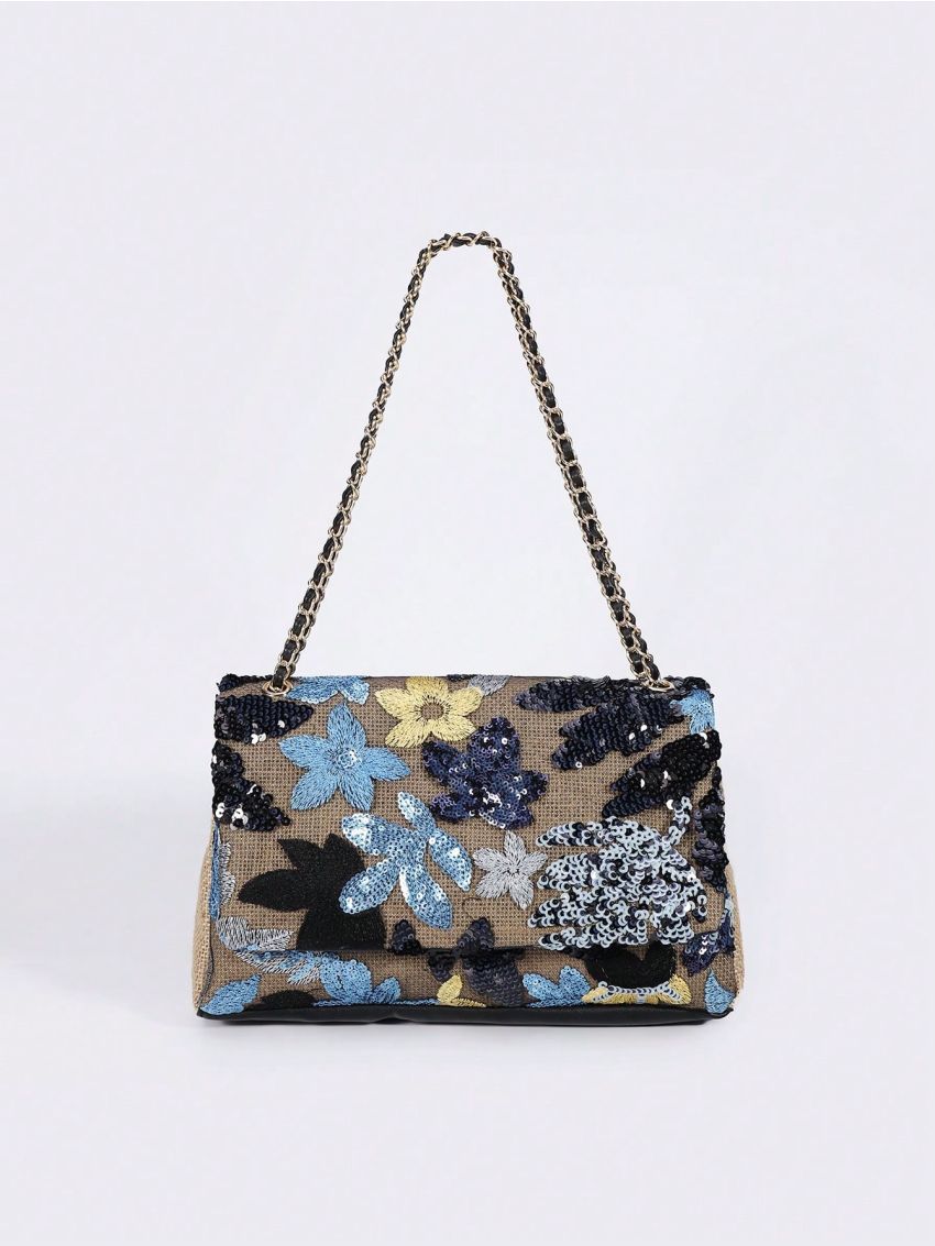 Medium Flap Square Bag Sequin & Embroidered Decor