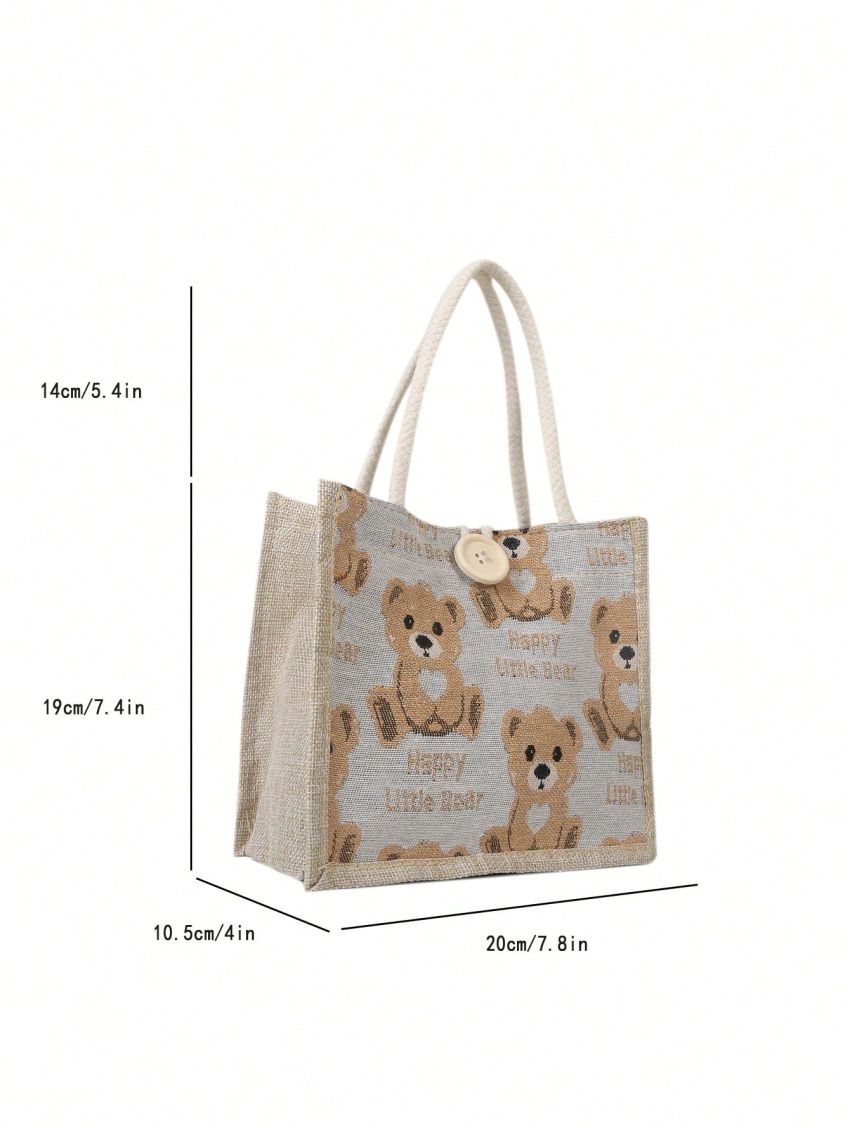 Linen Tote Bag, Cartoon Hand-Carrying Snack Bag, Bear Print Handbag