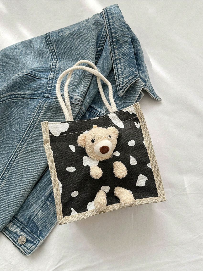 Mini Cartoon Bear Decor Square Bag Double Handle For Daily