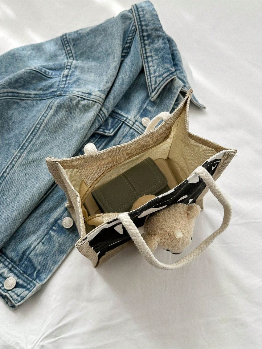 Mini Cartoon Bear Decor Square Bag Double Handle For Daily