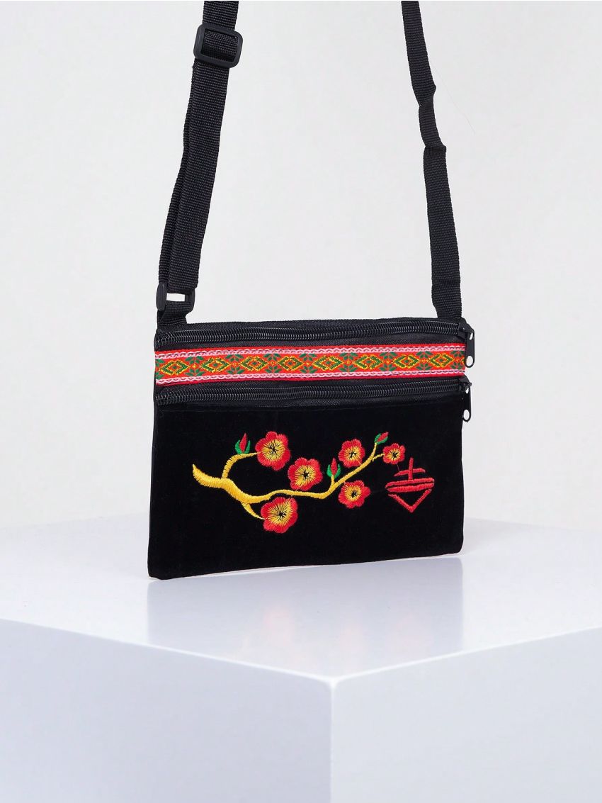 Small Square Bag Floral Embroidery Adjustable Strap