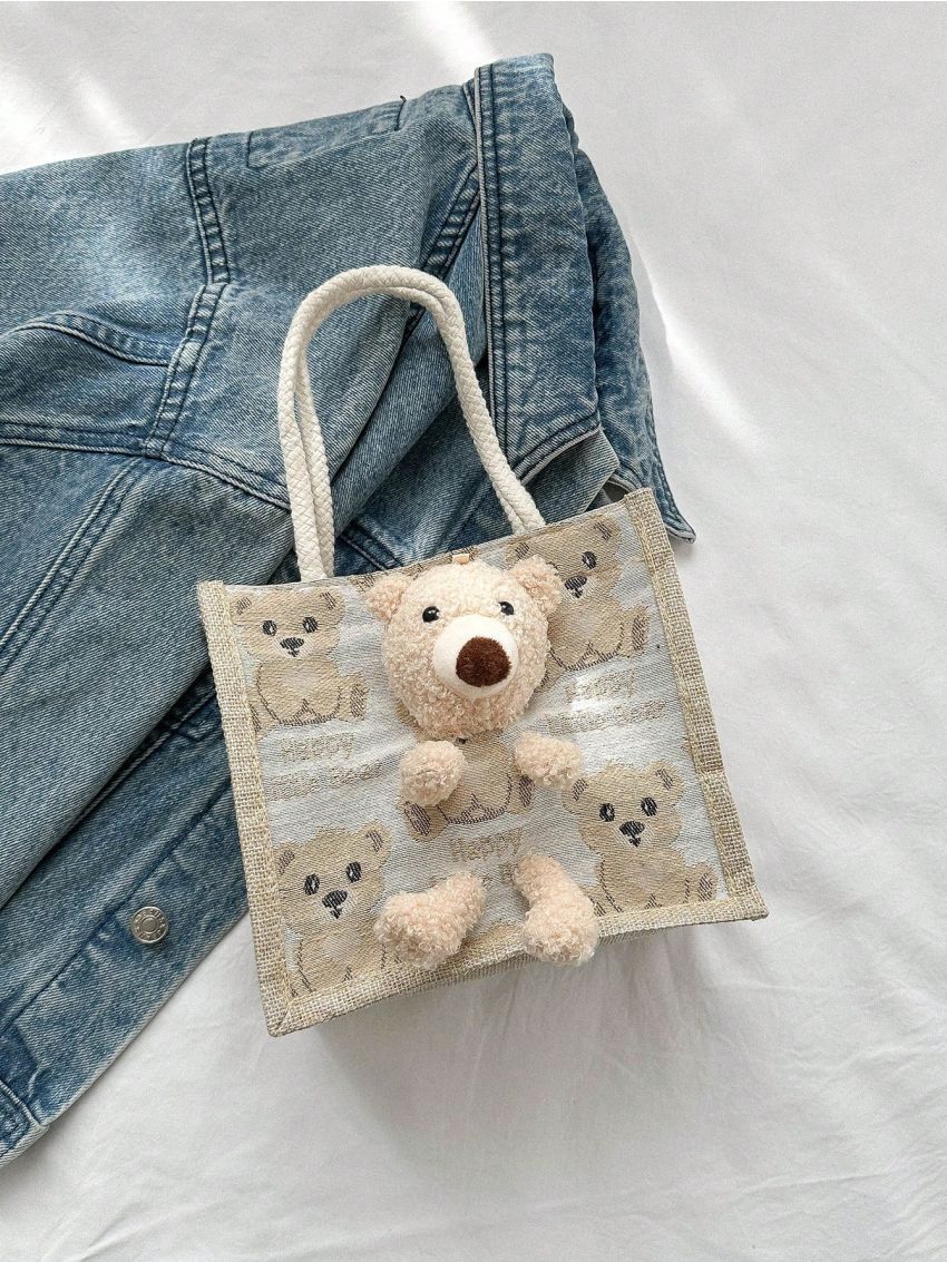 Mini Cartoon Bear Pattern Square Bag Double Handle For Daily