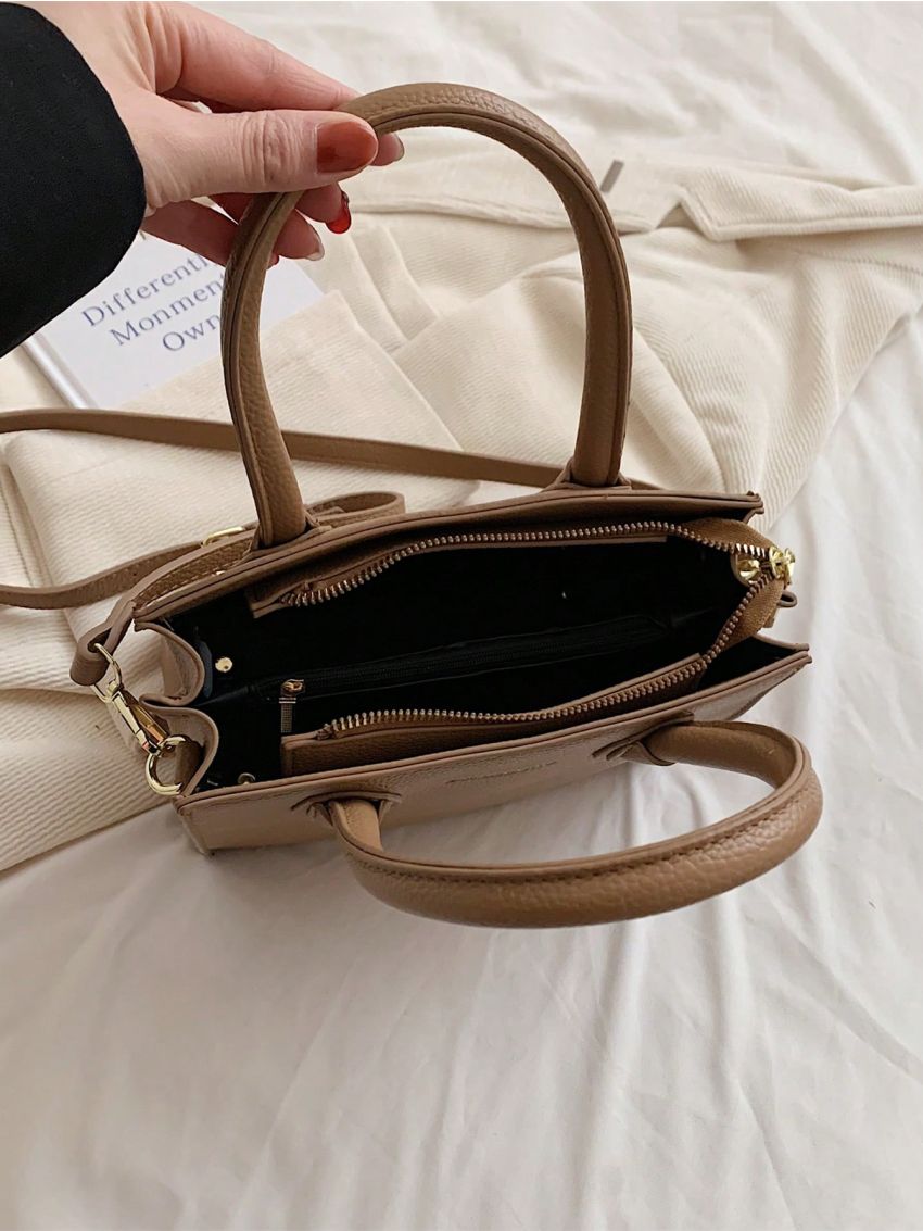 Litchi Embossed Square Bag Brown Double Handle For Work