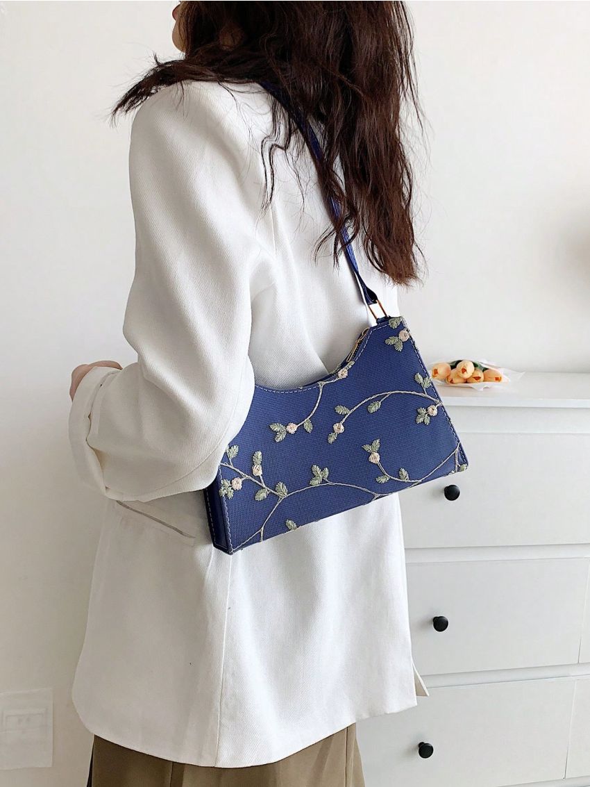 Floral Embroidered Baguette Bag PU