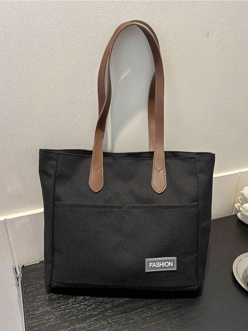 Canvas Shopper Bag Letter Patch Detail