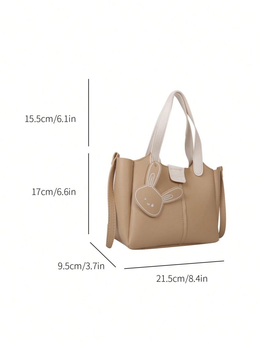 Letter Patch Decor Bucket Bag With Inner Pouch & Cartoon Rabbit Bag Charm