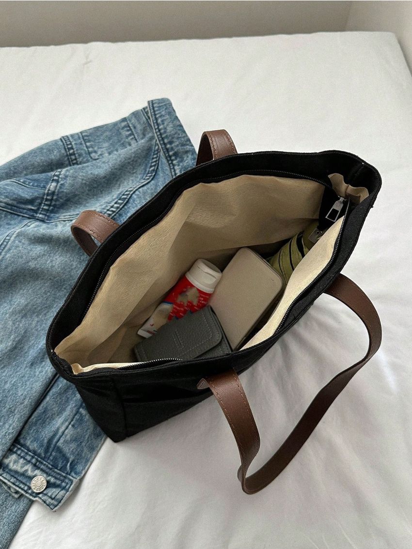 Canvas Shopper Bag Letter Patch Detail