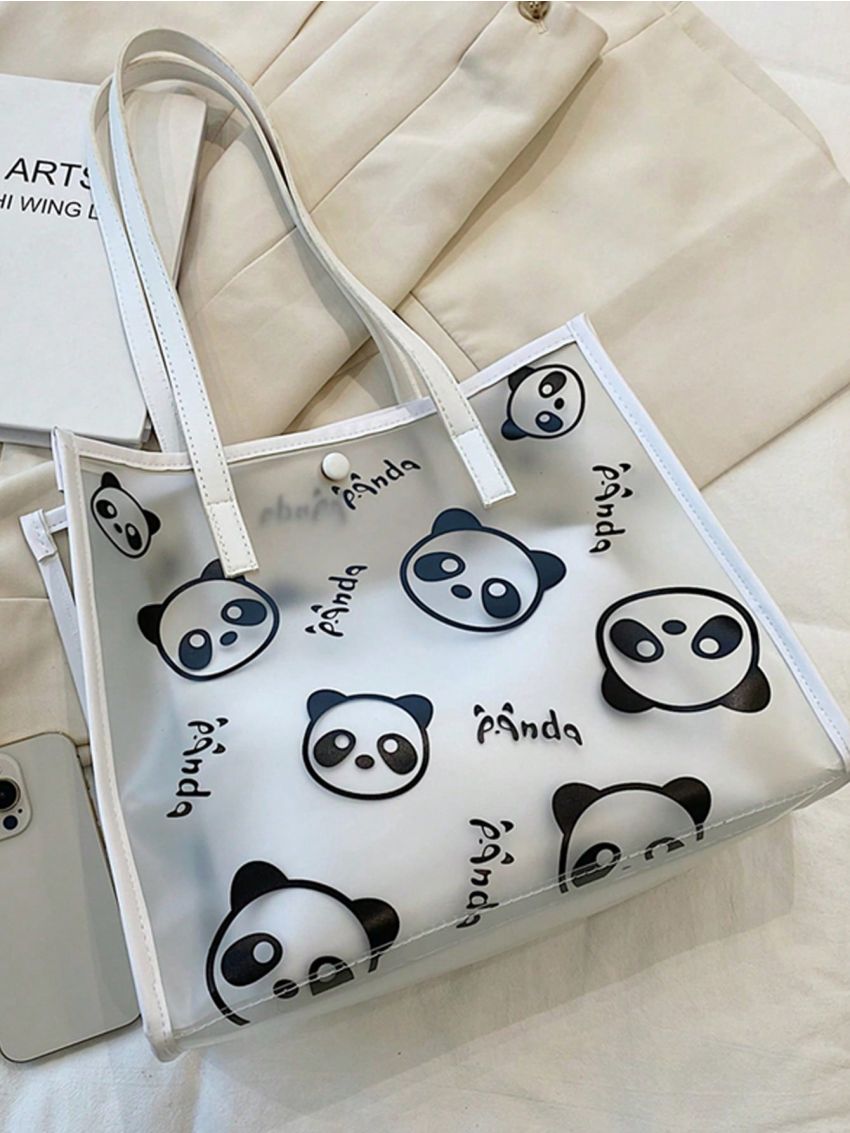 Clear Bag, Panda & Letter Print Shoulder Tote Bag PVC Cute