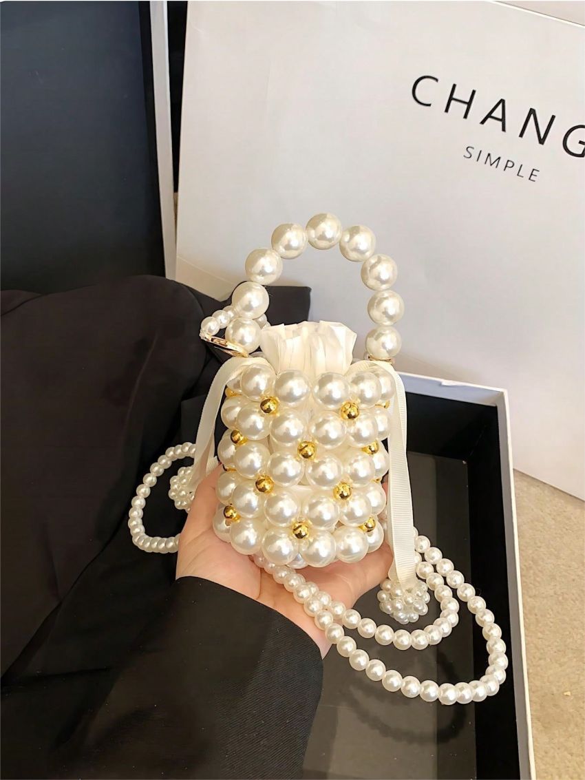 Mini Satchel Bag Faux Pearl Decor Top Handle