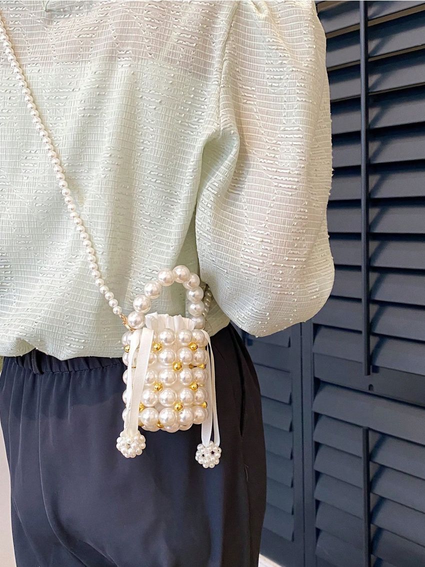 Mini Satchel Bag Faux Pearl Decor Top Handle