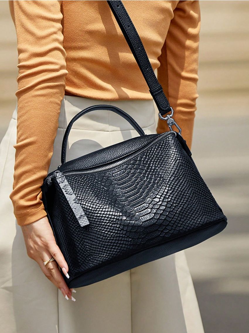 Genuine Leather Medium Square Bag Snakeskin Print Top Handle For Daily
