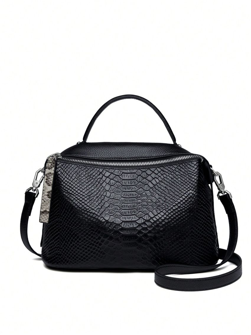 Genuine Leather Medium Square Bag Snakeskin Print Top Handle For Daily