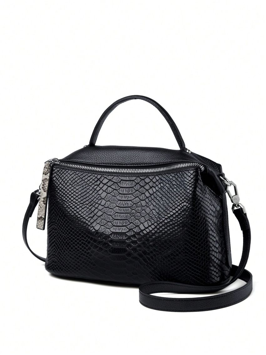 Genuine Leather Medium Square Bag Snakeskin Print Top Handle For Daily