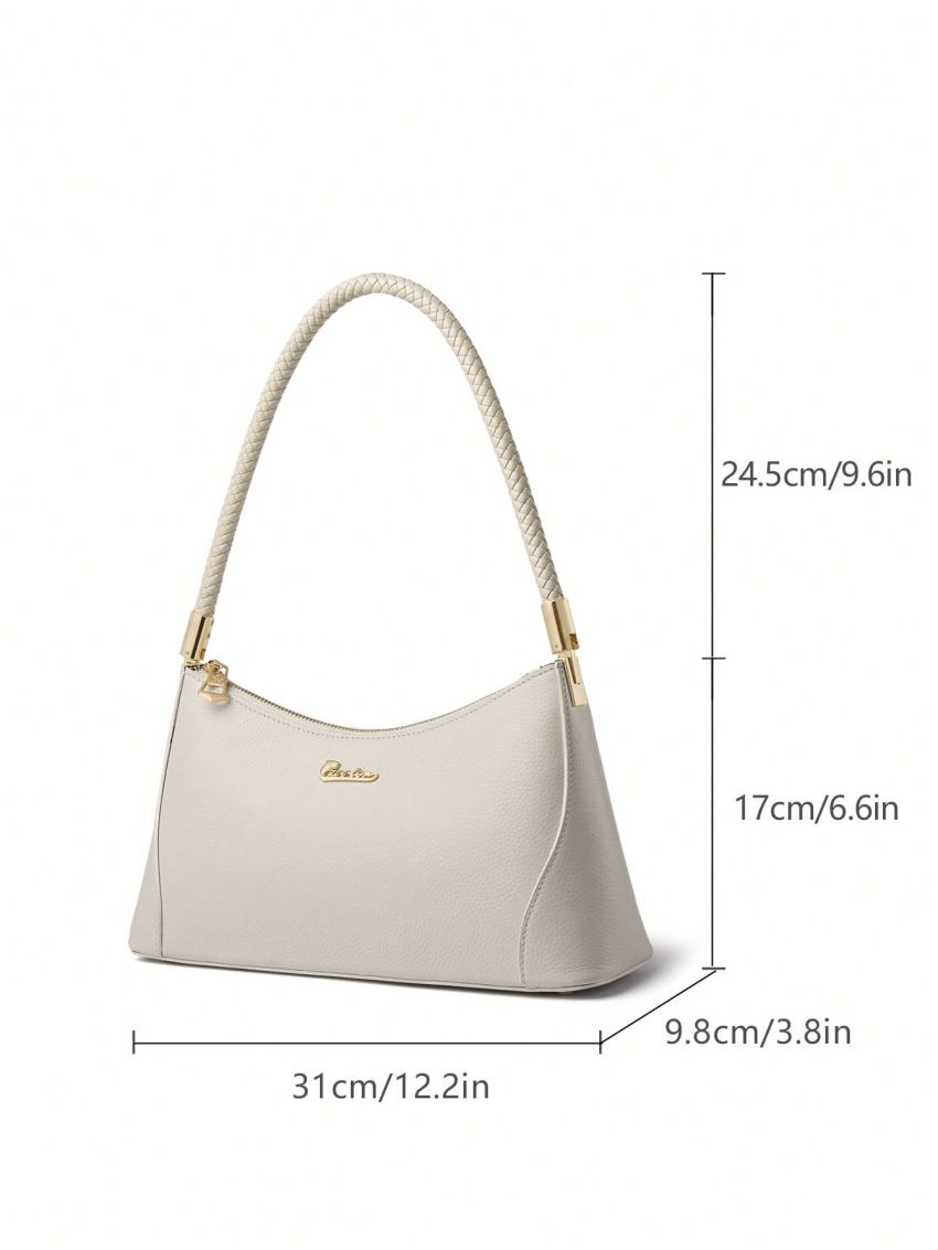 Genuine Leather Litchi Embossed Baguette Bag Metal Decor Top Handle For Work