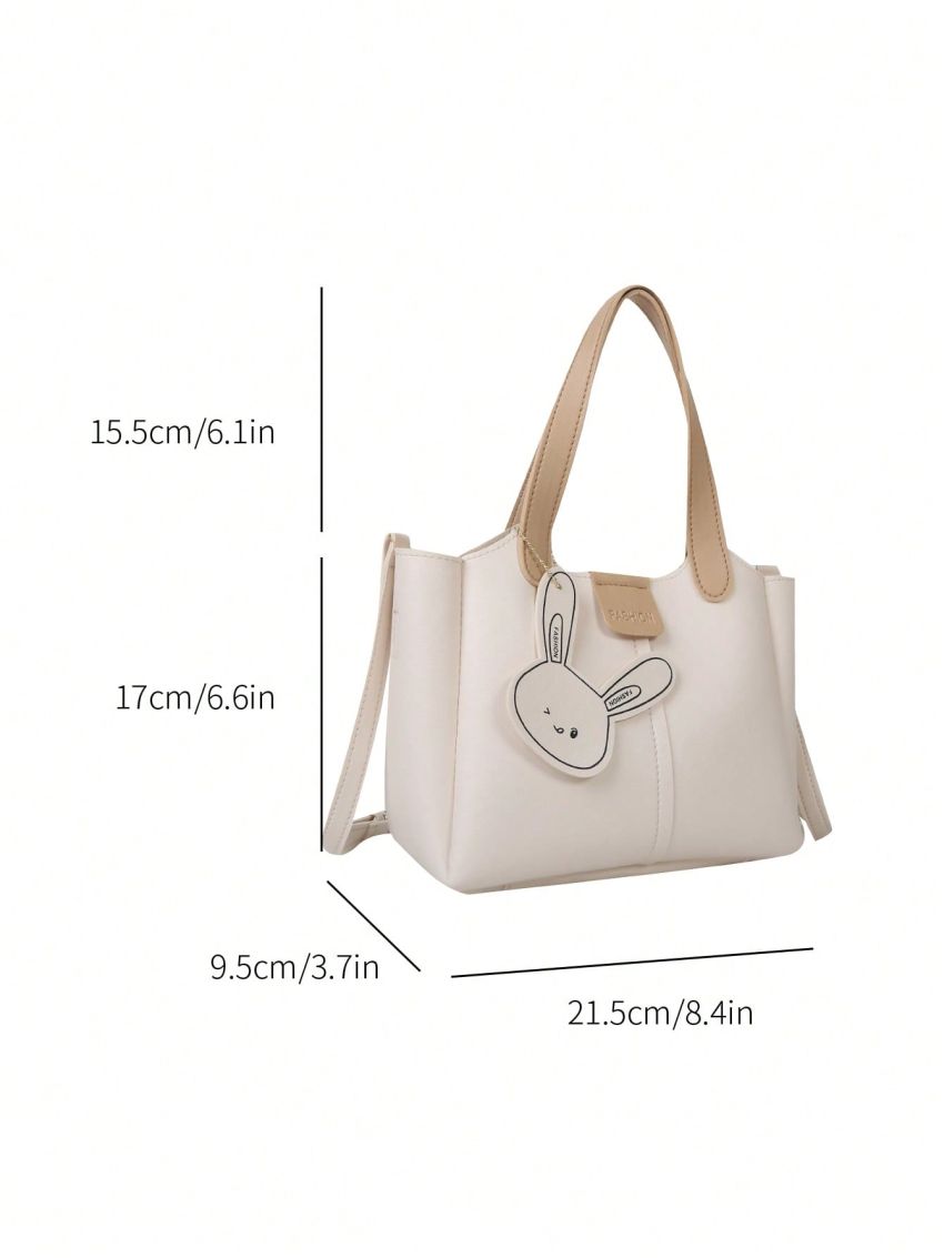 Letter Patch Decor Bucket Bag With Inner Pouch & Cartoon Rabbit Bag Charm