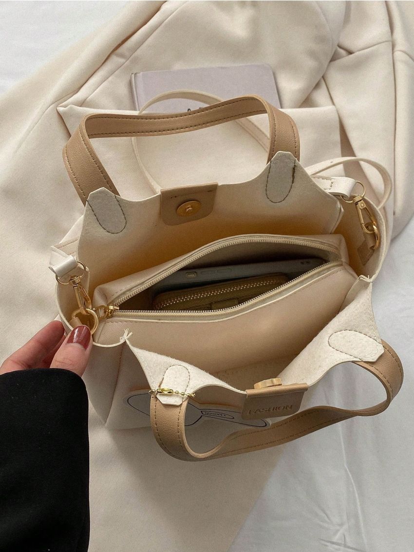 Letter Patch Decor Bucket Bag With Inner Pouch & Cartoon Rabbit Bag Charm