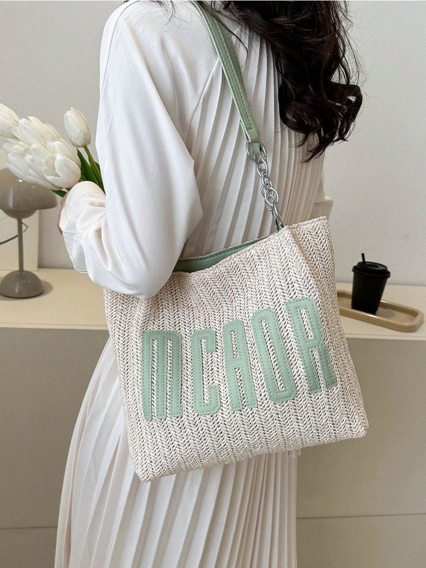 Medium Straw Bag Letter Decor