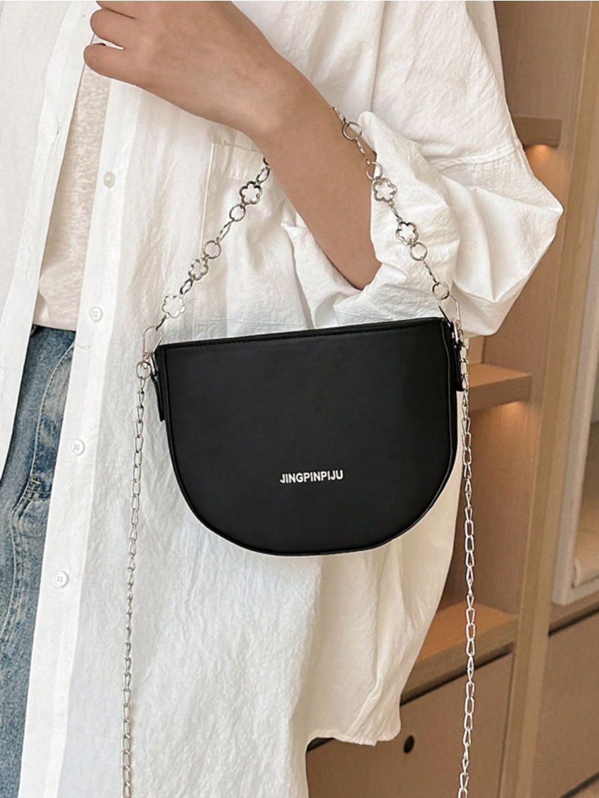 Black Saddle Bag Letter Graphic Flap Chain PU