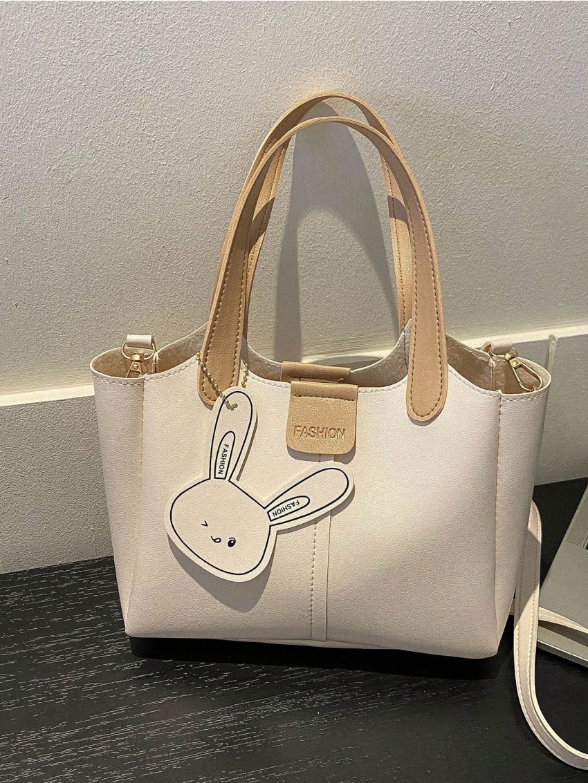 Letter Patch Decor Bucket Bag With Inner Pouch & Cartoon Rabbit Bag Charm