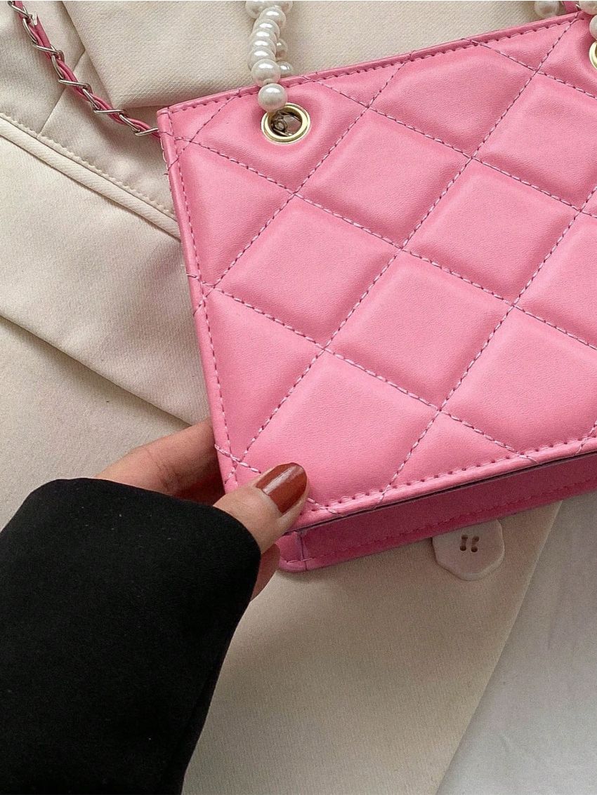 Mini Square Bag Quilted Pattern Pearl Decor Pink