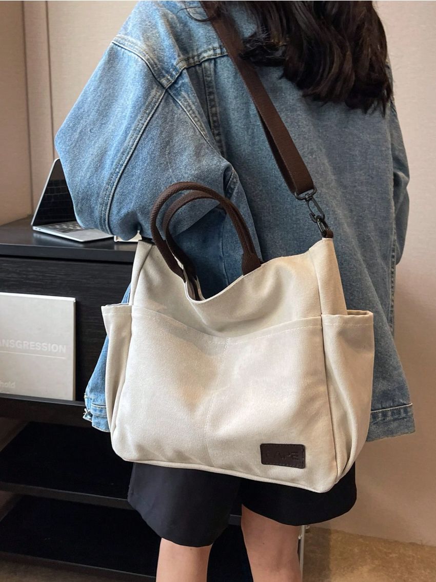 Small Tote Bag Double Handle Letter Patch Decor