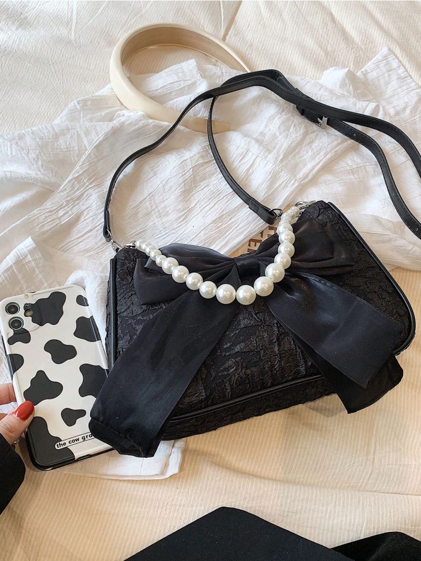 Medium Hobo Bag Bow & Faux Pearl Decor