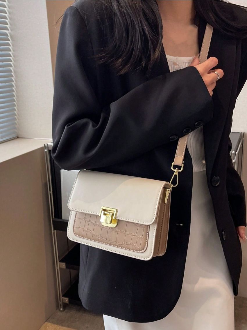 Mini Square Bag Crocodile Embossed Two Tone Flap