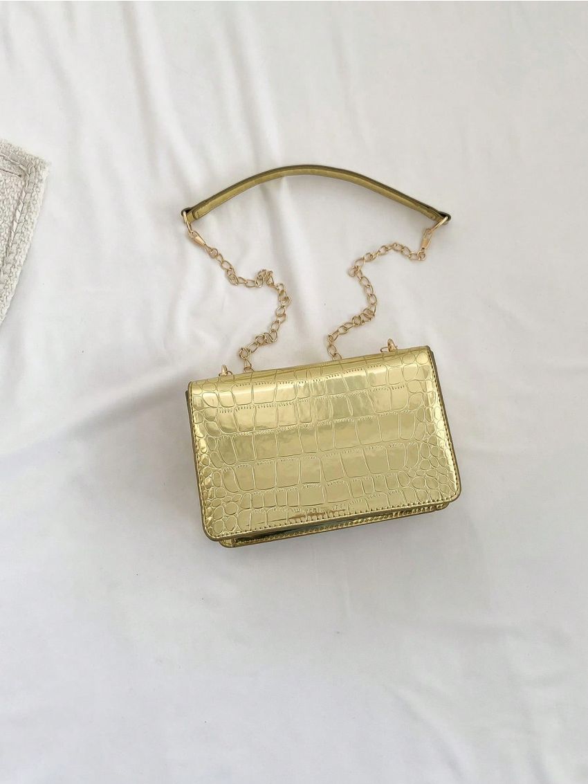 Mini Square Bag Crocodile Embossed Heart Decor Metallic PU Funky