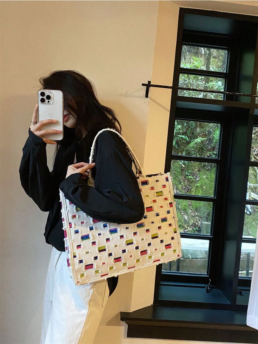 Plaid Pattern Shoulder Tote Bag Large Capacity Canvas