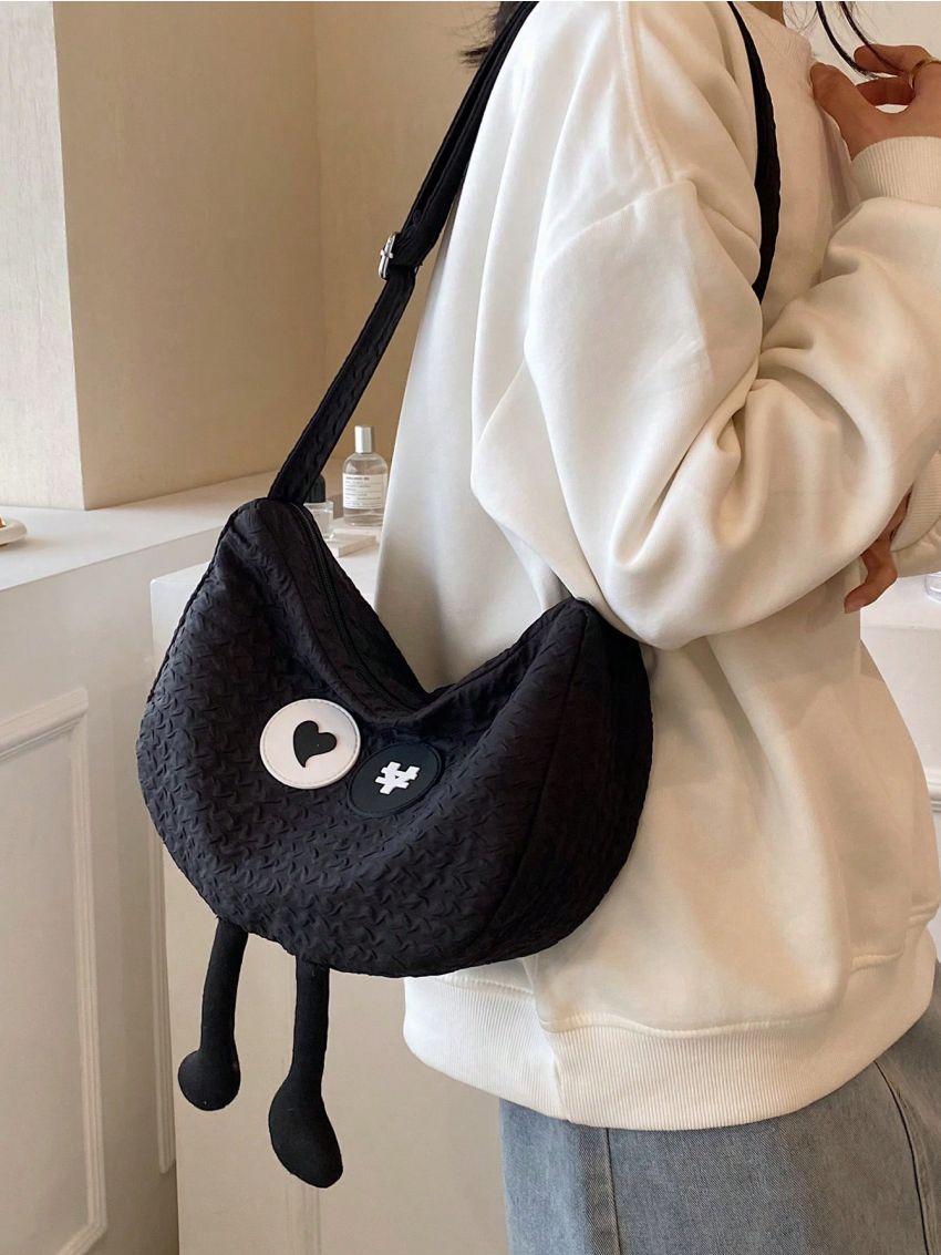 Heart Graphic Hobo Bag Medium Zipper Black