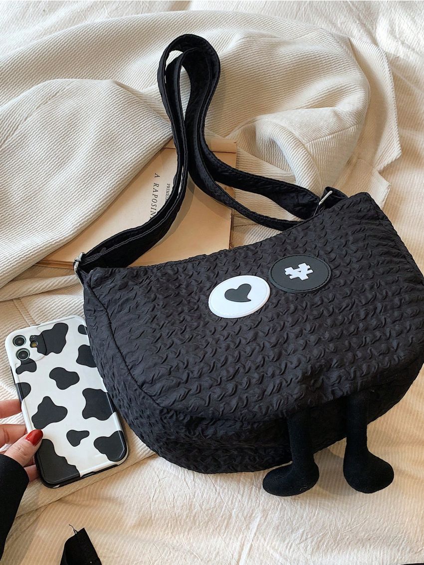 Heart Graphic Hobo Bag Medium Zipper Black