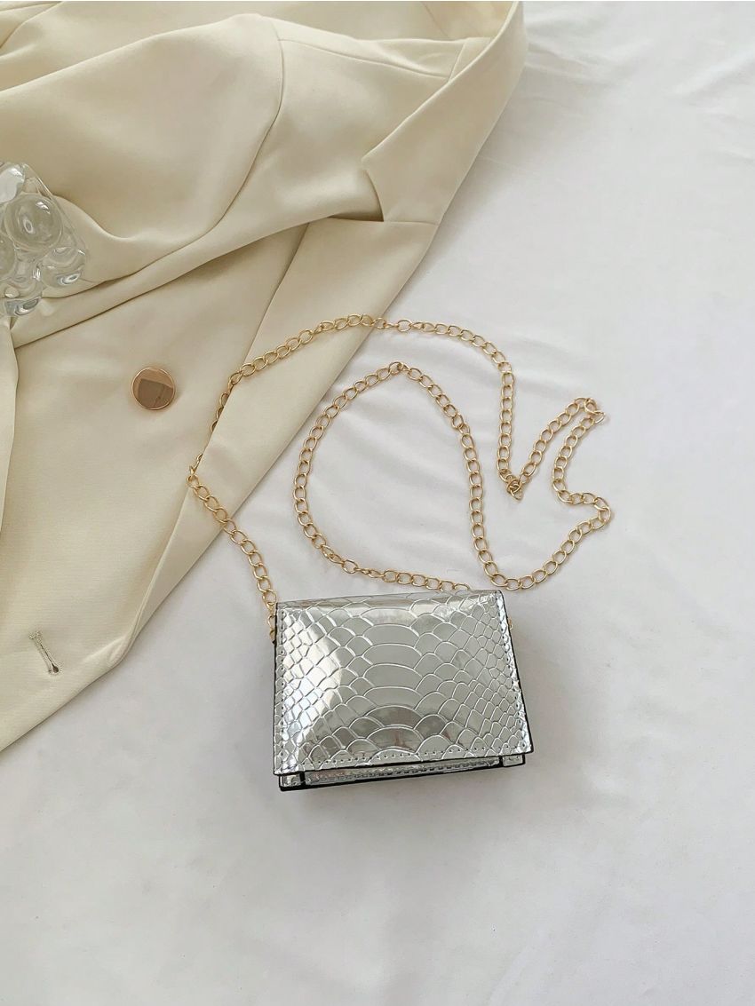 Mini Square Bag Metallic Funky Snakeskin Embossed Chain Flap PU
