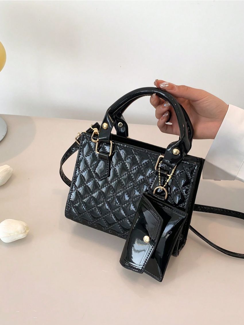 Hot Pink Square Bag Geometric Pattern Double Handle With Coin Purse