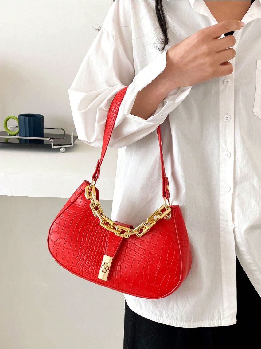 Crocodile Embossed Hobo Bag Chain Decor Twist Lock