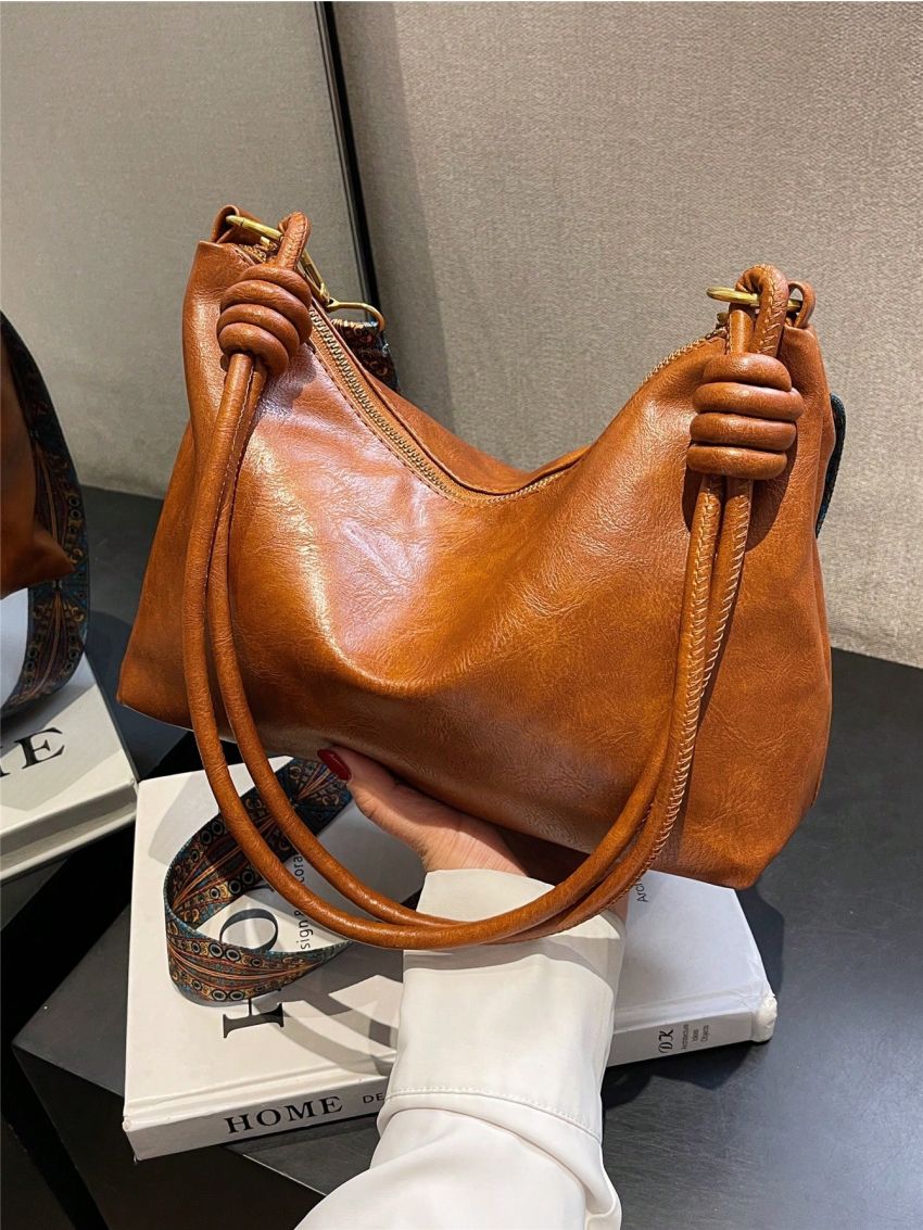 Minimalist Hobo Bag Medium Zipper Brown