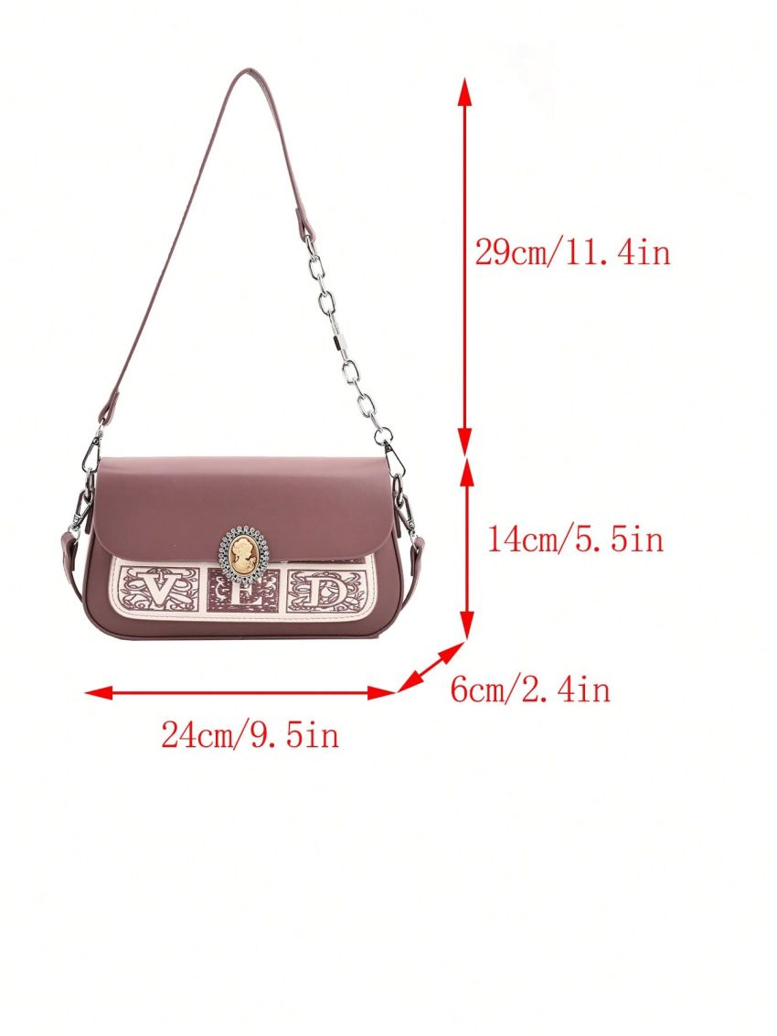 Letter Embroidery Square Bag Metal Decor Chain Strap For Daily