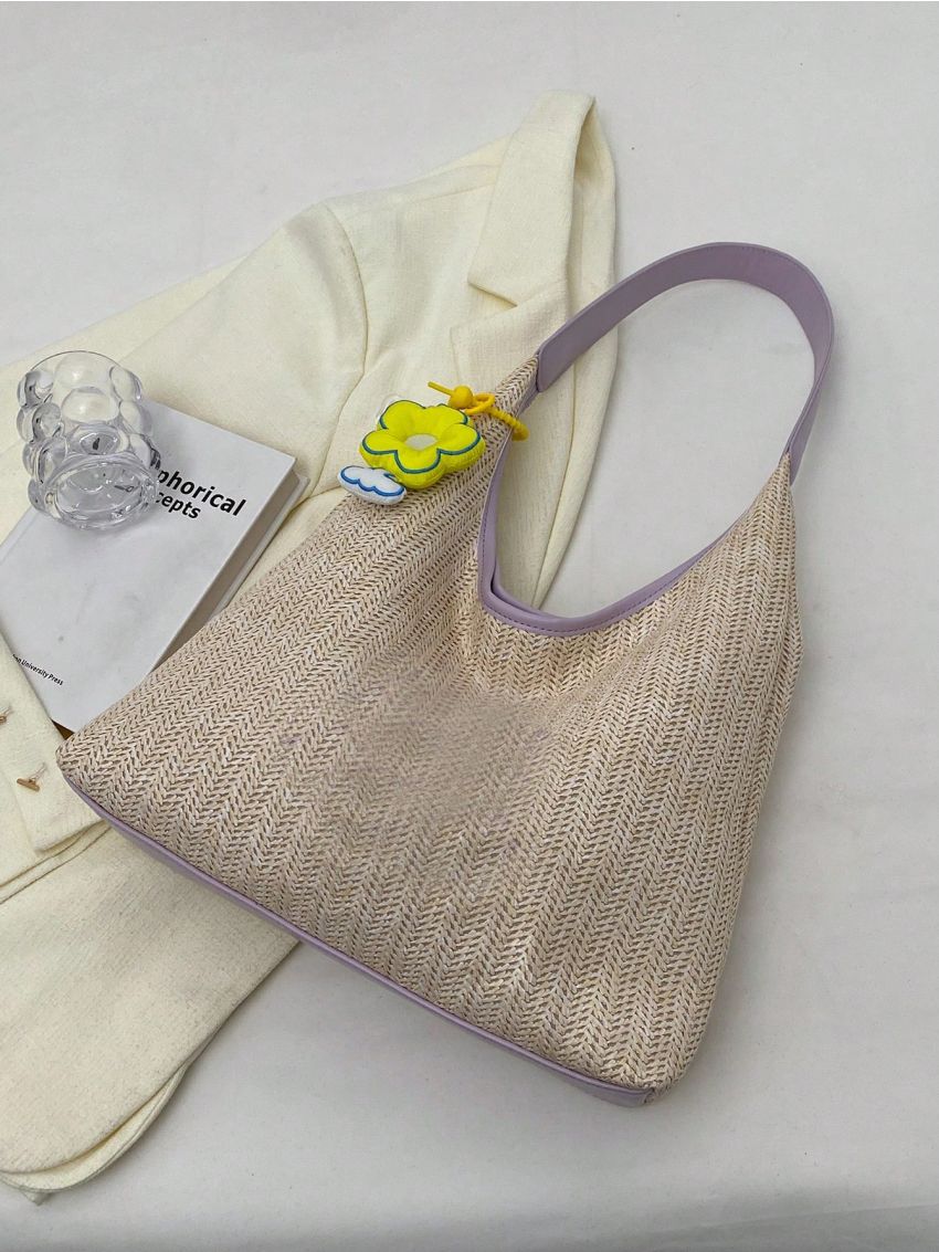 Letter Embroidered Straw Bag Large Capacity With Bag Charm