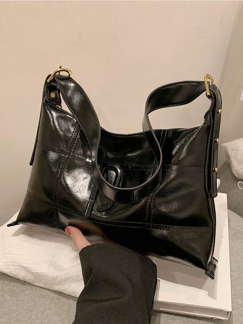 PU Hobo Bag Stitch Detail Studded Decor White