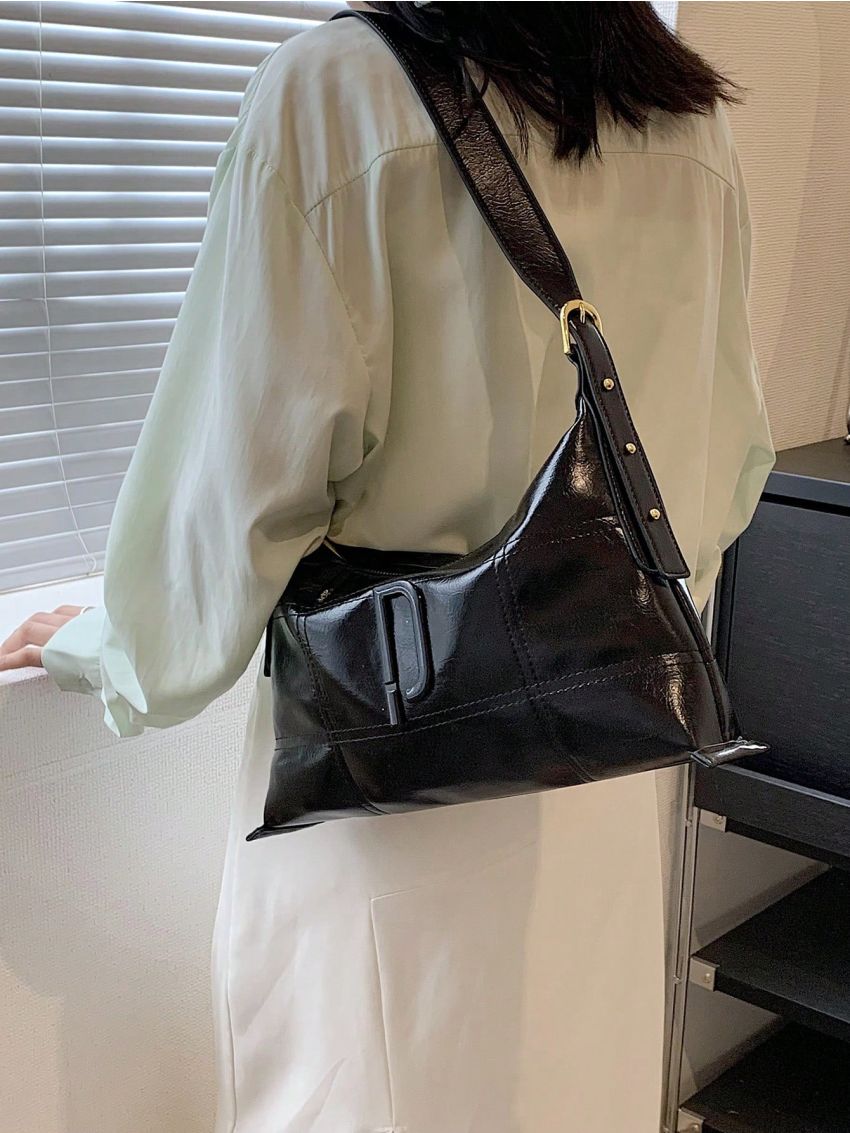 PU Hobo Bag Stitch Detail Studded Decor White