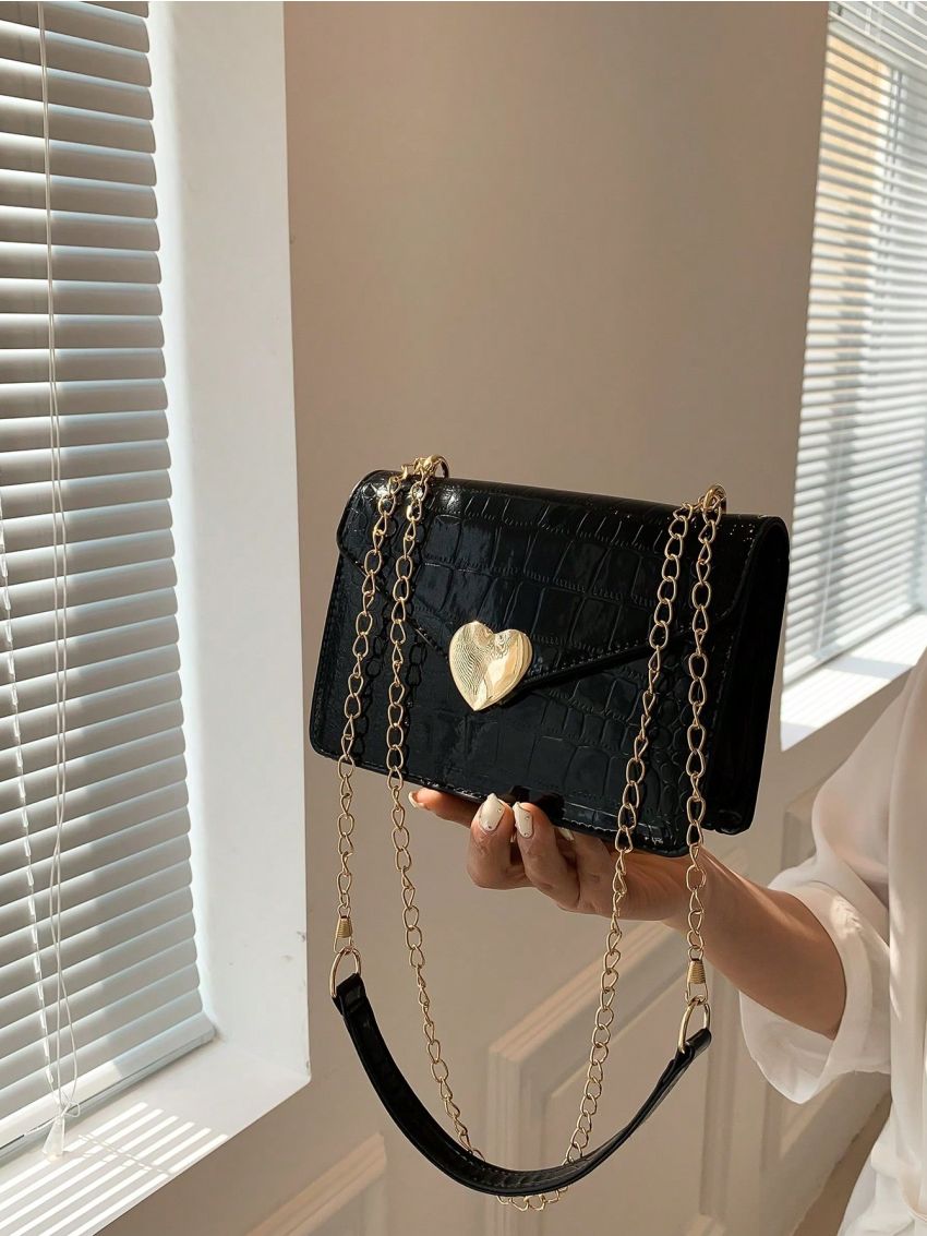 Crocodile Embossed Square Bag Mini Flap Black