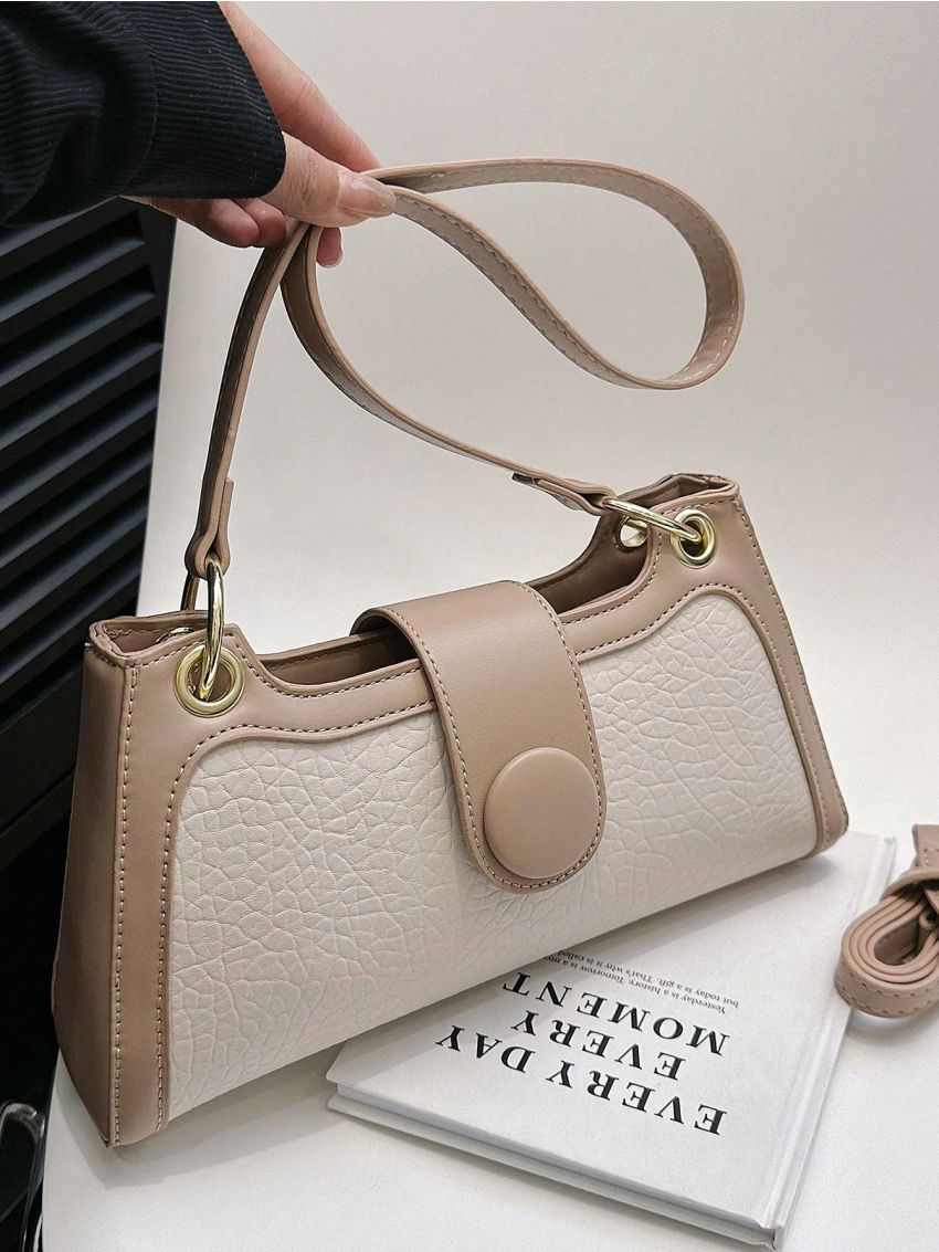 Litchi Embossed Baguette Bag Colorblock Top Handle For