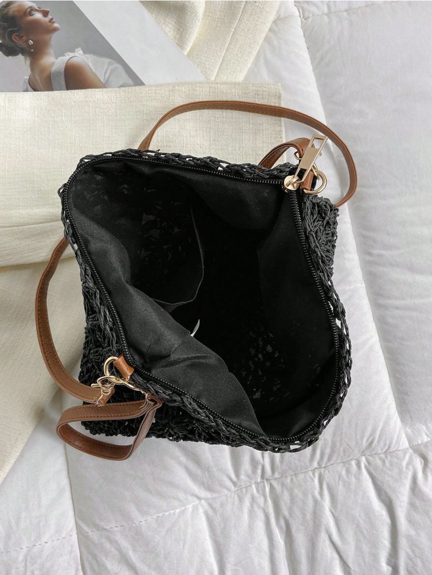 Medium Straw Bag Hollow Out Adjustable Strap For Vacation