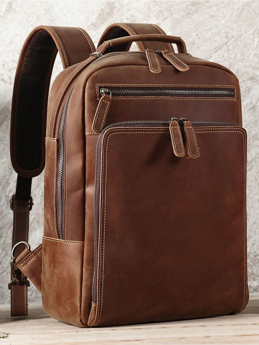 Vintage Genuine Leather Backpack For Men 15.6 Inch Laptop Camping Bag Large Capacity School Business Daypack