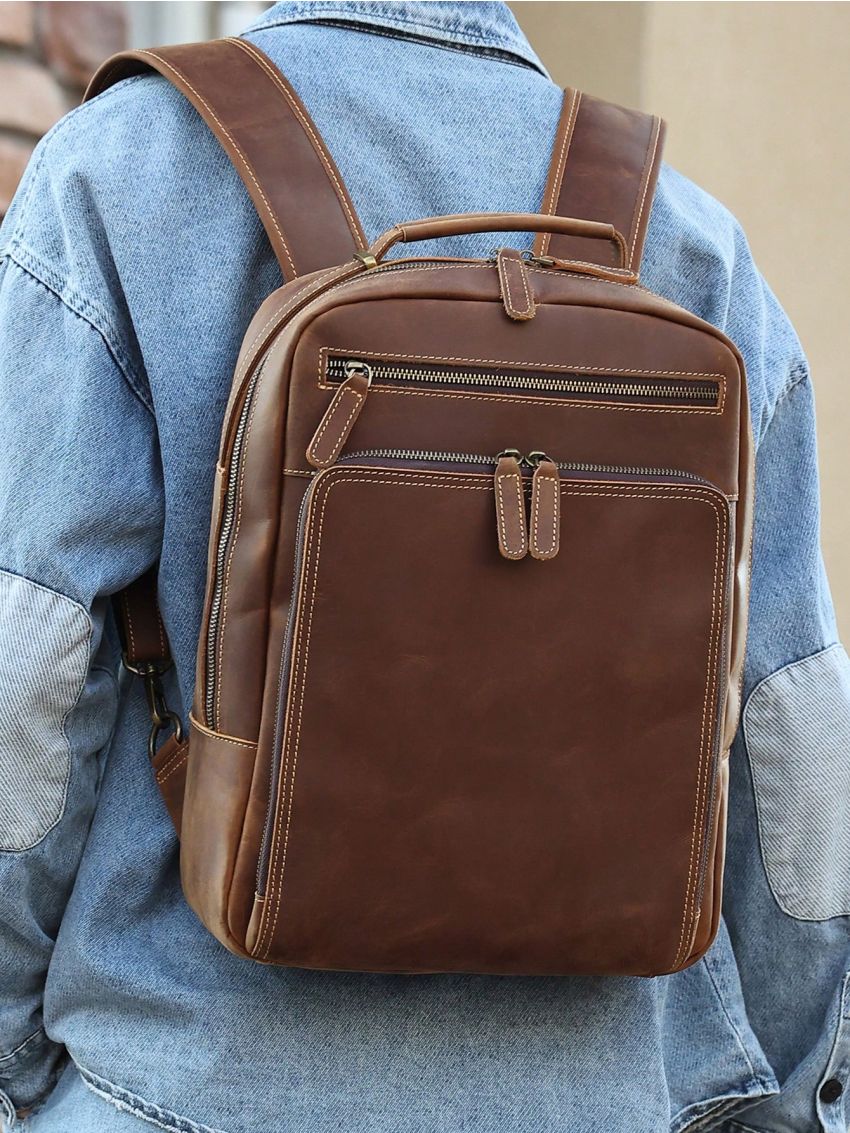 Vintage Genuine Leather Backpack For Men 15.6 Inch Laptop Camping Bag Large Capacity School Business Daypack