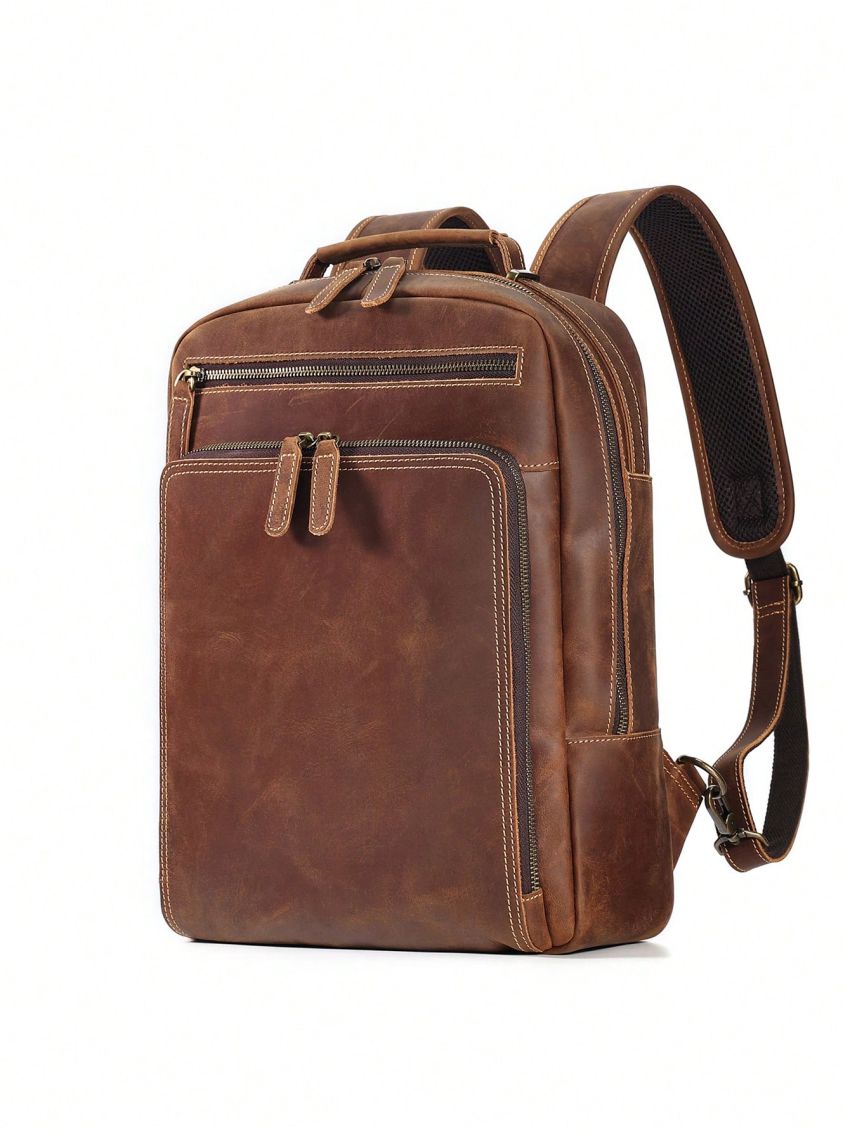 Vintage Genuine Leather Backpack For Men 15.6 Inch Laptop Camping Bag Large Capacity School Business Daypack