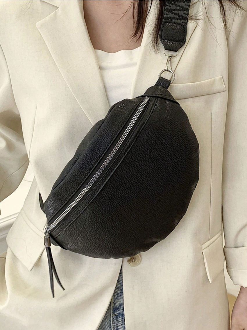 Litchi Embossed Shoulder Bag With Zipper Black PU