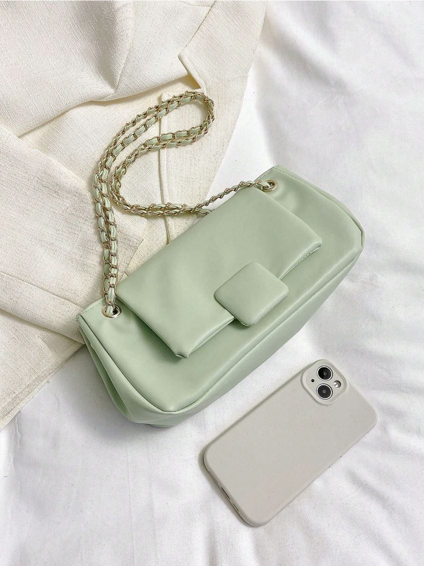 Flap Square Bag PU Chain Green