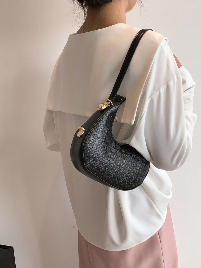 Small Hobo Bag Black Houndstooth Embossed Zipper PU