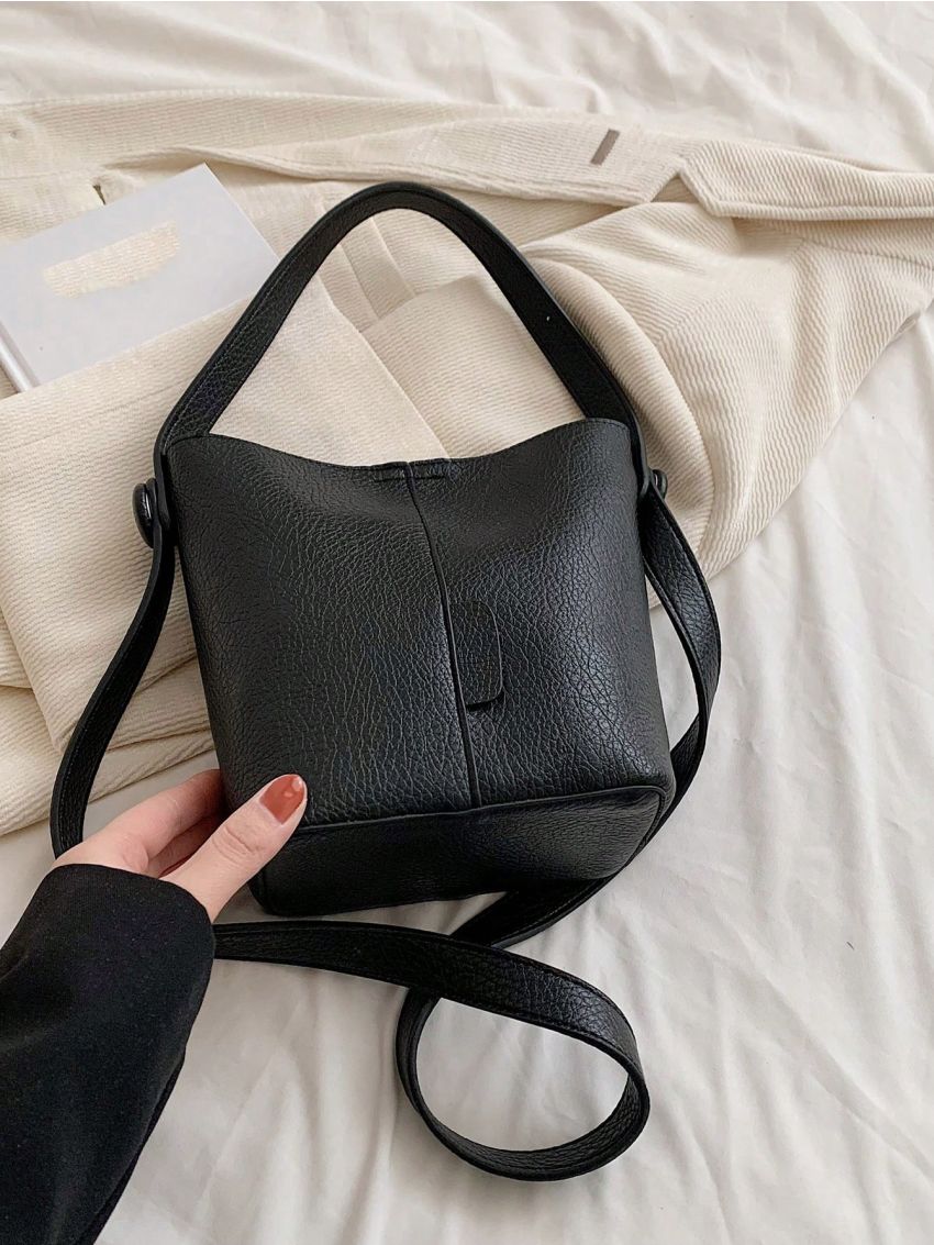 Litchi Embossed Bucket Bag PU Black