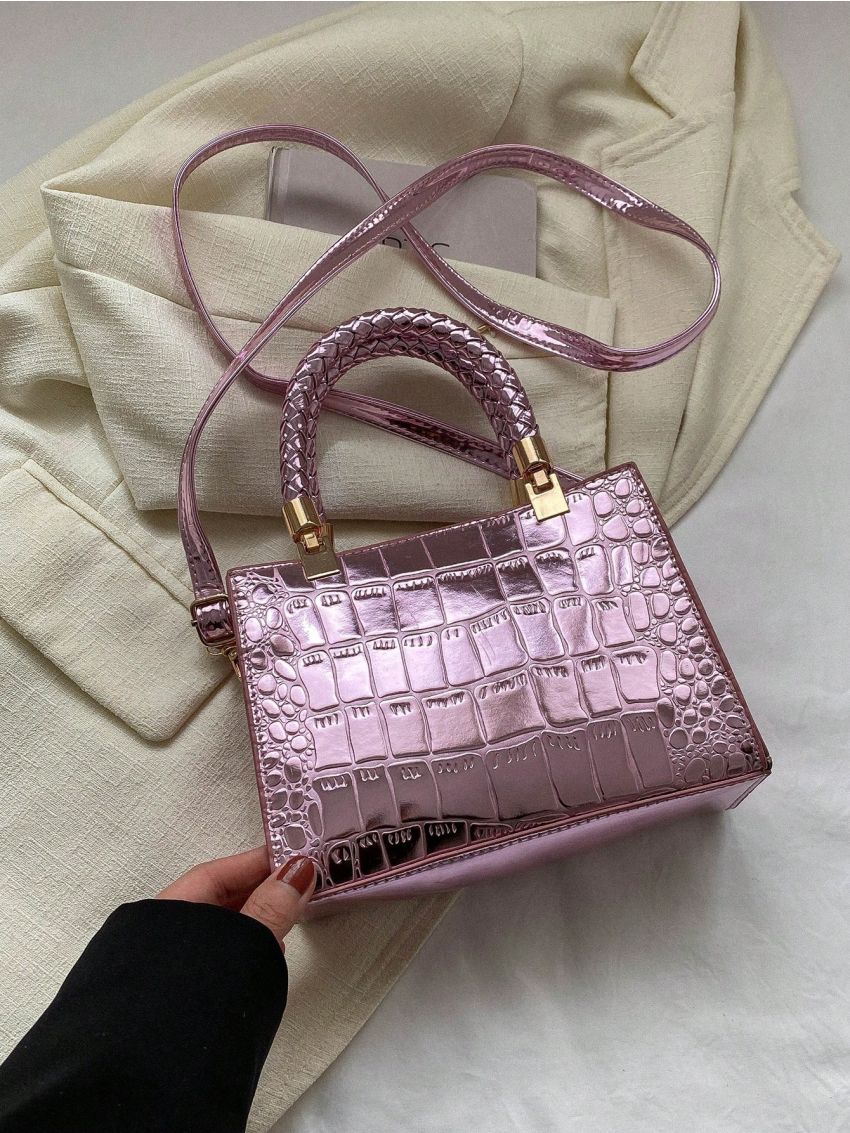 Mini Square Bag Crocodile Embossed Metallic PU Funky